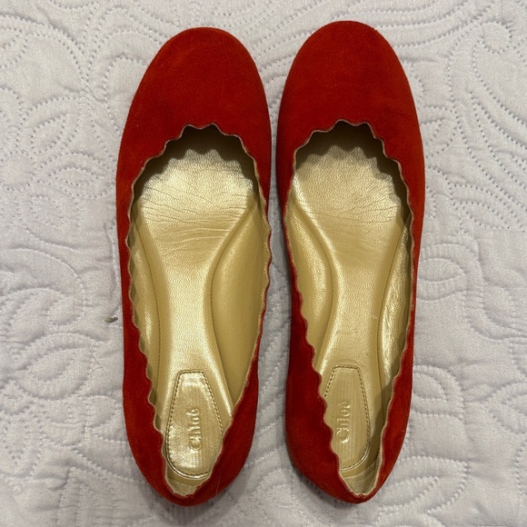 Chloe Shoes - Chloe Red Suede Scalloped Flats